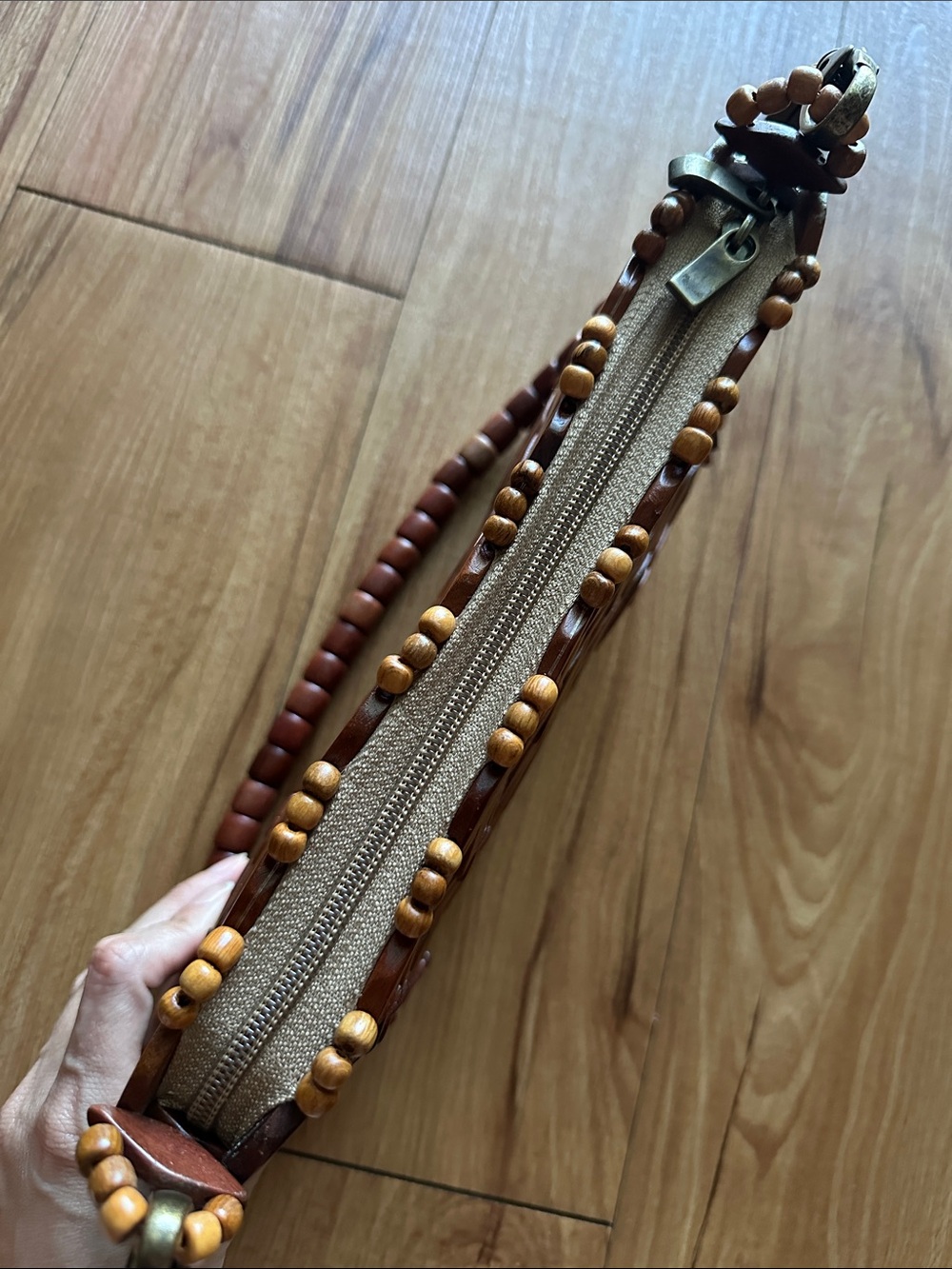 Woven Wooden Bead Shoulder Bag in Brown - Picture 3 of 5